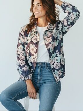 Vintage Alfred Dunner Navy Blue Jacket with Pastel Pink & Mint Floral Design